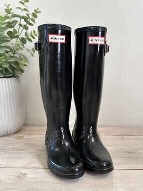 HUNTER BOOTS Woman’s Original Tall Back Adjustable Rain Boots BLACK Gloss